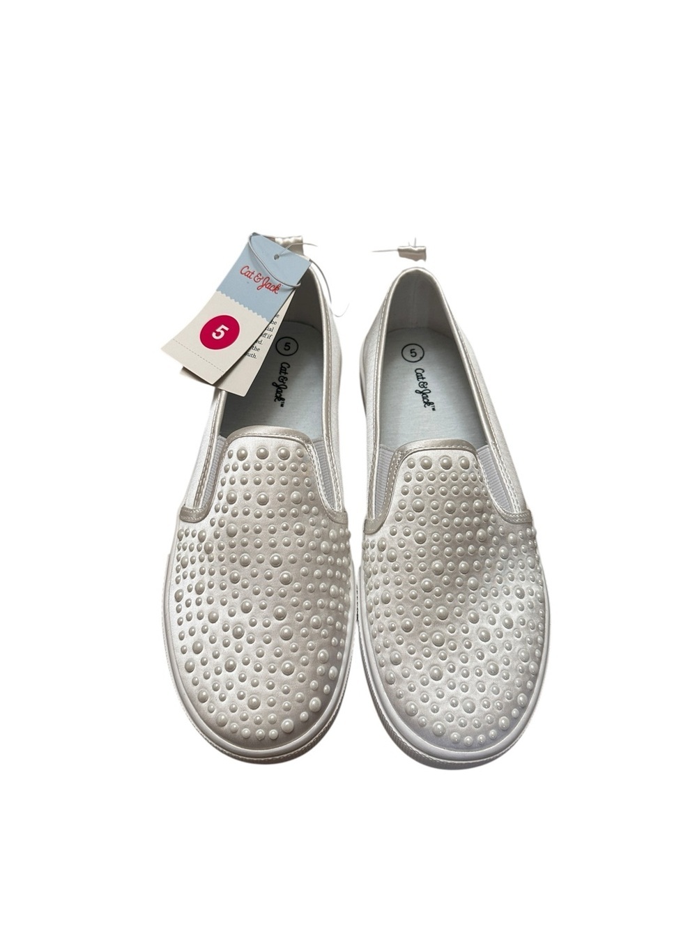 Cat & Jack Satin Faux Peral Studded White Slip On Sneakers Big Girls size 5 New